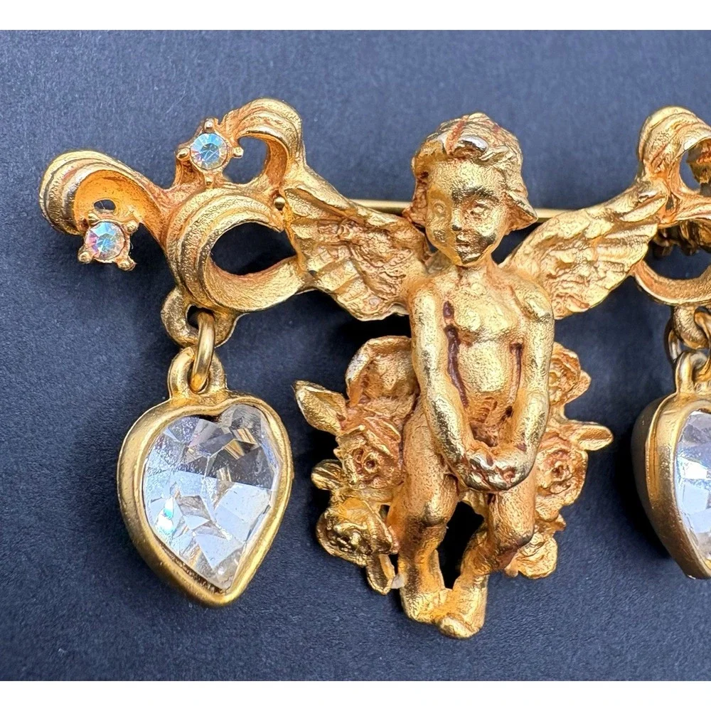 Vintage Kirks Folly Angel Cherub Brooch Hearts Aurora Borealis Crystal Dangles